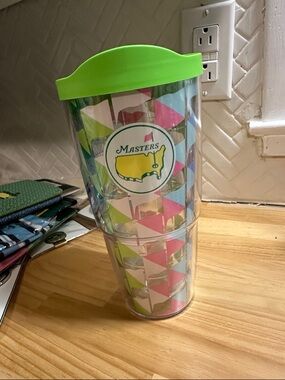 Masters Clear Travel Tumbler with Lime Green Lid and Multicolor Flag Pattern
